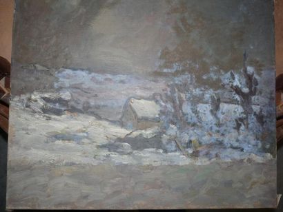 Etienne de MARTENNE ( 1868 - 1920) Chaumière sous la neige. Huile sur toile. 46 x...