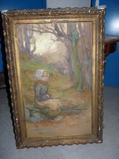 Etienne de MARTENNE ( 1868 - 1920) Ramasseuse de bois mort. Pastel sur carton signé...