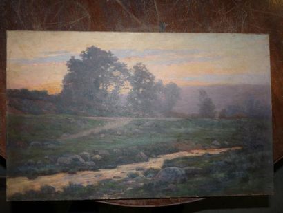 Etienne de MARTENNE ( 1868 - 1920) Paysage au chemin et au ruisseau. Huile sur t...