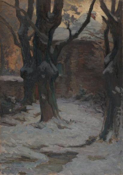 Etienne de MARTENNE ( 1868 - 1920) Arbres et maisons sous la neige. Huile sur toile....