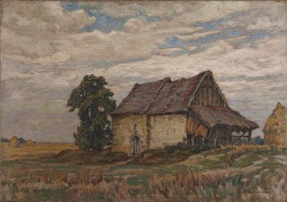 Etienne de MARTENNE ( 1868 - 1920) Temps gris aux environs de Gisors. Huile sur toile...