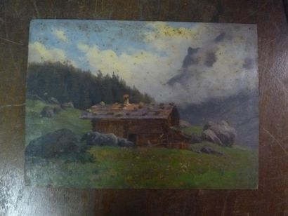 Etienne de MARTENNE ( 1868 - 1920) Chalet dans la montagne Huile sur bois. 24 x 33...
