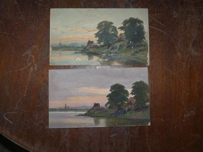 Etienne de MARTENNE ( 1868 - 1920) Maisons au bord d'un étang. Deux huiles sur isorel....