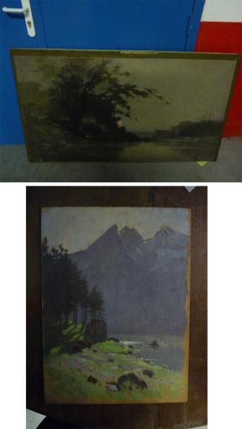 Etienne de MARTENNE ( 1868 - 1920) Sapins en montagne Huile sur bois. 33 x 24 cm