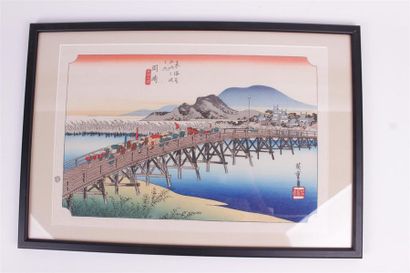 null HIROSHIGE 
Pont sur la rivière Yahagi à Okazaki.
Estampe en couleurs de la série...