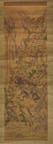null JAPON, XIXe siècle 
Encre et couleurs sur soie représentant des singes dans...