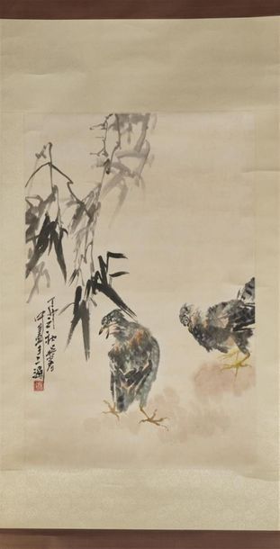 null CHINE, XXe siècle 
Encre et couleurs sur papier représentant deux oiseaux sous...