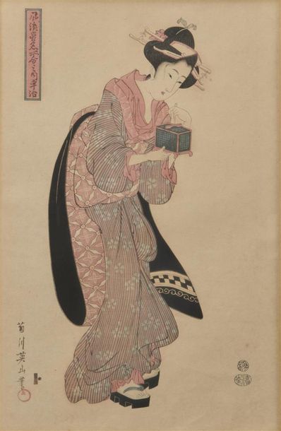 null Attribué à Kikugawa EIZAN (1786-1867) 
Deux Geishas 
Deux estampes en couleurs...