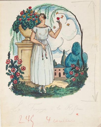 null Guy ARNOUX (1886-1951)
La femme à la rose, projet. 
Aquarelle et encre sur papier....