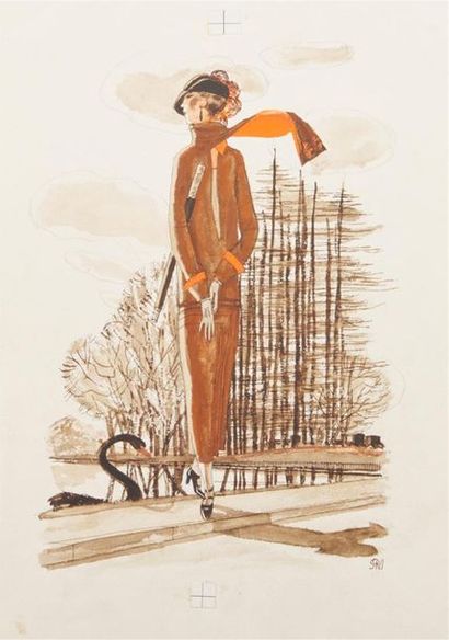 null Pierre MOURGUE (1890-1969)
Le tour du Lac, robe de Jean Patou. 
Projet de couverture...