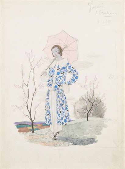 null Pierre MOURGUE (1890-1969)
Elégante dans un paysage aux cerisiers en fleur....