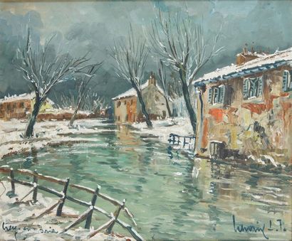 null Robert L.P. LAVOINE (1916-1999)
Creil-en-Brie sous la neige 
Huile sur toile,...
