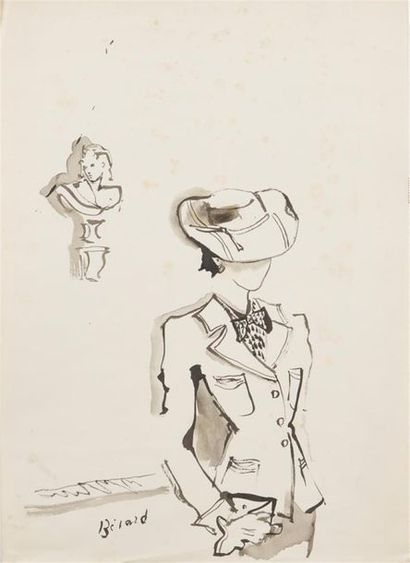 null Christian Jacques BERARD (1902-1949)
Modèle au chapeau et buste 
Encre de Chine...