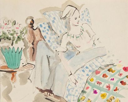 null Attribué à Christian Jacques BERARD (1902-1949)
Femme au lit 
Aquarelle et encre...