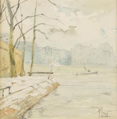 null René LEVERD (1872-1938)
Vue de Paris, les quais enneigés
Crayon et aquarelle...