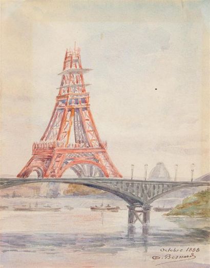 null Albert BESNARD (1849-1934)
Vue de la tour Eiffel
Aquarelle sur papier, signé...