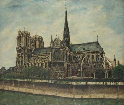 null Pierre FARGE (1878-1947)
Notre Dame de Paris 
Huile sur toile, signée en bas...