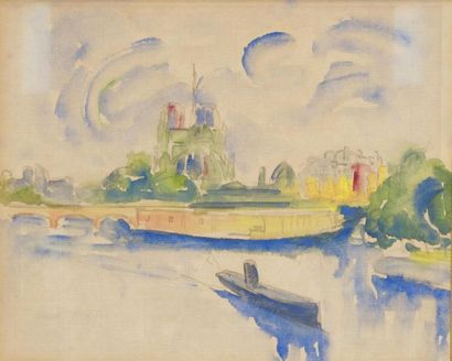 null Élisée MACLET (1881-1962)
Vue de Notre Dame de Paris 
Aquarelle sur papier,...