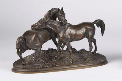 null D'après Pierre-Jules MENE (1810-1879)
L'accolade 
Epreuve en bronze à patine...