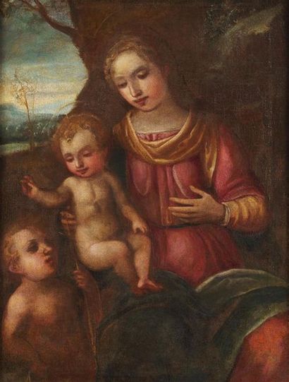 null ECOLE DE TINTORET 
Vierge à l'enfant et saint jean baptiste 
Huile sur toile...