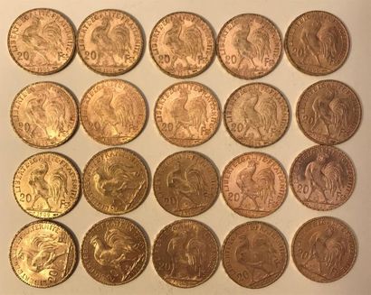 null * 20 pièces de 20 francs or (10 x 1906 et 10 x 1909) 