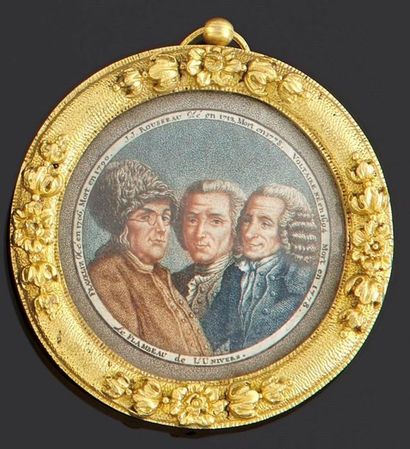 null Estampe polychrome représentant les portraits de Voltaire, Franklin et Jean...