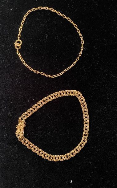 null Deux bracelets articulés en or jaune 750 millièmes les maillons ajourés.
Longueur...