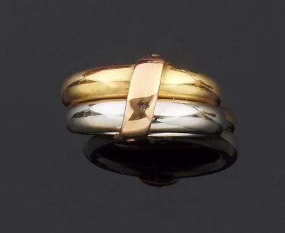 null Bague deux anneaux en or 750 millièmes de deux tons, le centre décoré d'un lien.
Tour...