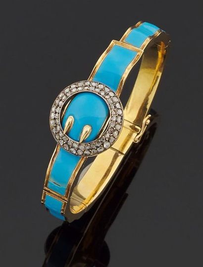 null Bracelet rigide et ouvrant en or jaune 750 millièmes émaillé bleu turquoise,...