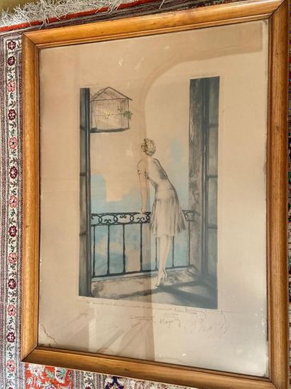 null Attribué à Louis ICART (1888-1950)
Jeune femme au balcon
Lithographie, éditée...