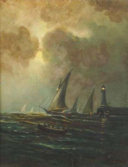 null ECOLE RUSSE (?) du XIXe siècle 
Marine, vue du phare de nuit 
Huile sur toile...