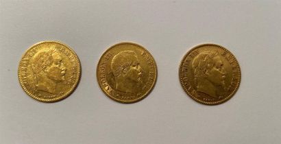 null Trois pièces de 10 francs or Napoléon III lauré et tête nue, TTB, 1864, 1860...