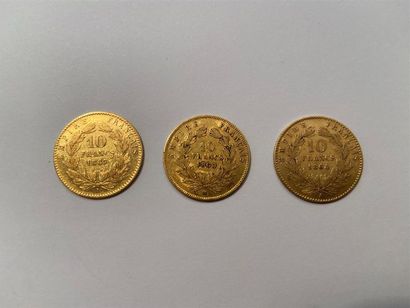 null Trois pièces de 10 francs or Napoléon III lauré et tête nue, TTB, 1864, 1860...