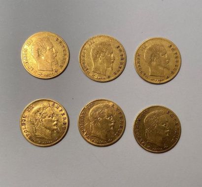 6 pièces en or de 5 francs, Napoléon III,...
