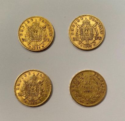 null 4 pièces de 20 francs or Napoléon III, tête laurée et tête nue, TTB, 1860, 1865,...