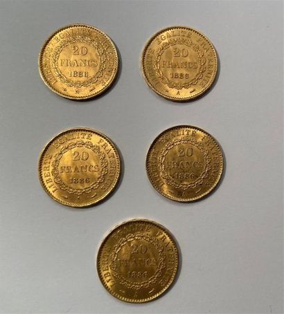 null 5 pièces en or de 20 francs IIIème République, TTB, 1886.
32,2 g.