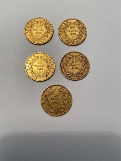 null 5 pièces de 20 francs or Napoléon III tête nue. 
Années : 1854 (x2), 1856, 1858...