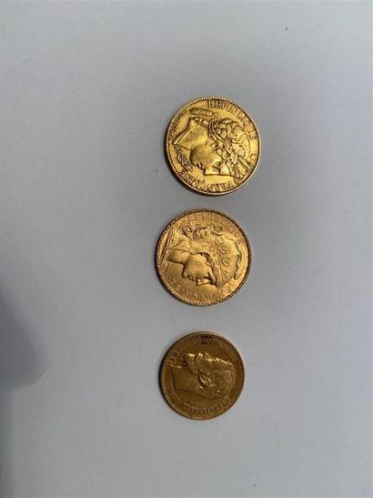 3 pièces, comprenant : 
- 20 francs or Ceres,...