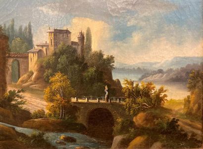 null Ecole française du XIXème siècle 
Vue animée d'un paysage au pont et au chateau
Huile...