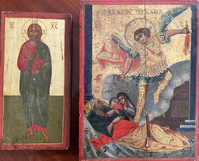 null * Deux icônes sur bois, Grèce, XIXème siècle : 
- Christ 31 x 16 cm 
- Saint...