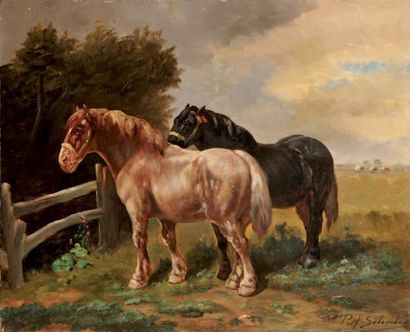 Paul Henri SCHOUTEN ( ? 1860 - ? 1922) Deux chevaux Panneau, une planche, non parqueté...