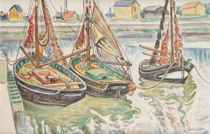 null Henri Liénard de SAINT -DELIS (1878 - 1949)
Trois barques amarrées
Aquarelle,...