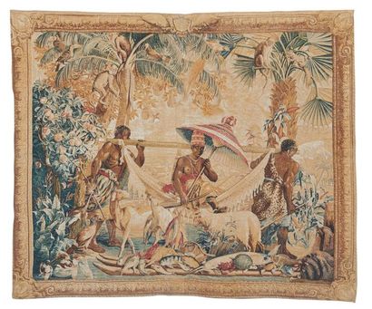 null XXème siècle 
Tenture peinte en coton inspirée de la tenture des Nouvelles Indes,...