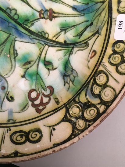 null Iznik Round siliceous ceramic dish with lead glaze and polychrome decoration...