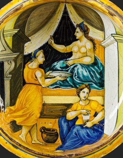 null Urbino

Goblet for giving birth, scodella, in circular majolica on a polychrome...
