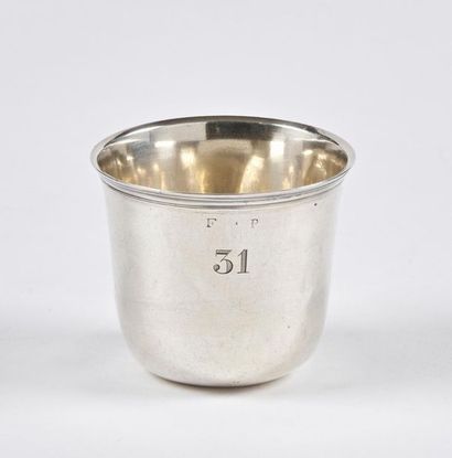 null Plain silver cup called "curon", with a threaded neck. Monogrammed "F.P" and...