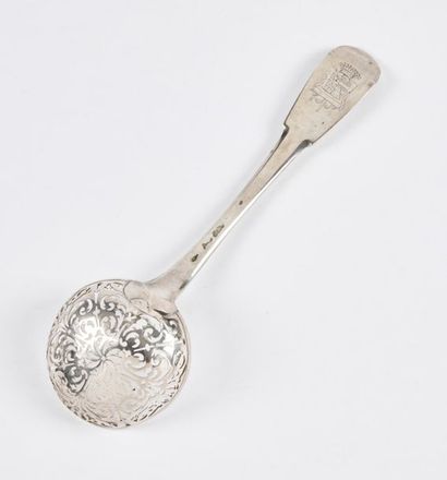 null Silver sprinkling spoon, plain flat model, stamped with a coat of arms surmounted...