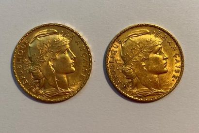 null * FRANCE, IIIème République, deux pièces de 20 francs or, 1905 et 1909. 
Poids...