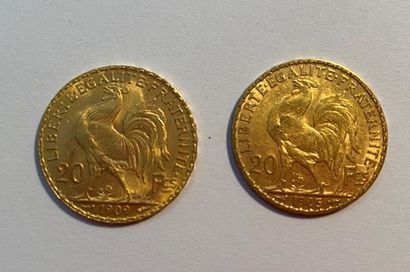 null * FRANCE, IIIème République, deux pièces de 20 francs or, 1905 et 1909. 
Poids...