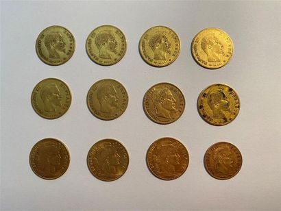null * FRANCE, Ensemble de de douze monnaies en or : 
- Napoléon III, 8 pièces de...